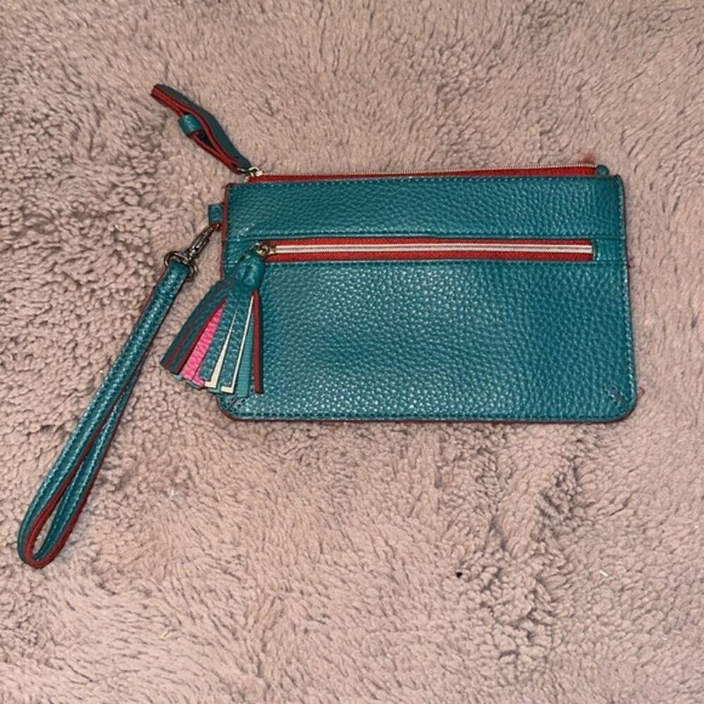 Beautiful Pebbled Faux Leather Wristlet Turquoise with Raspberry Accents